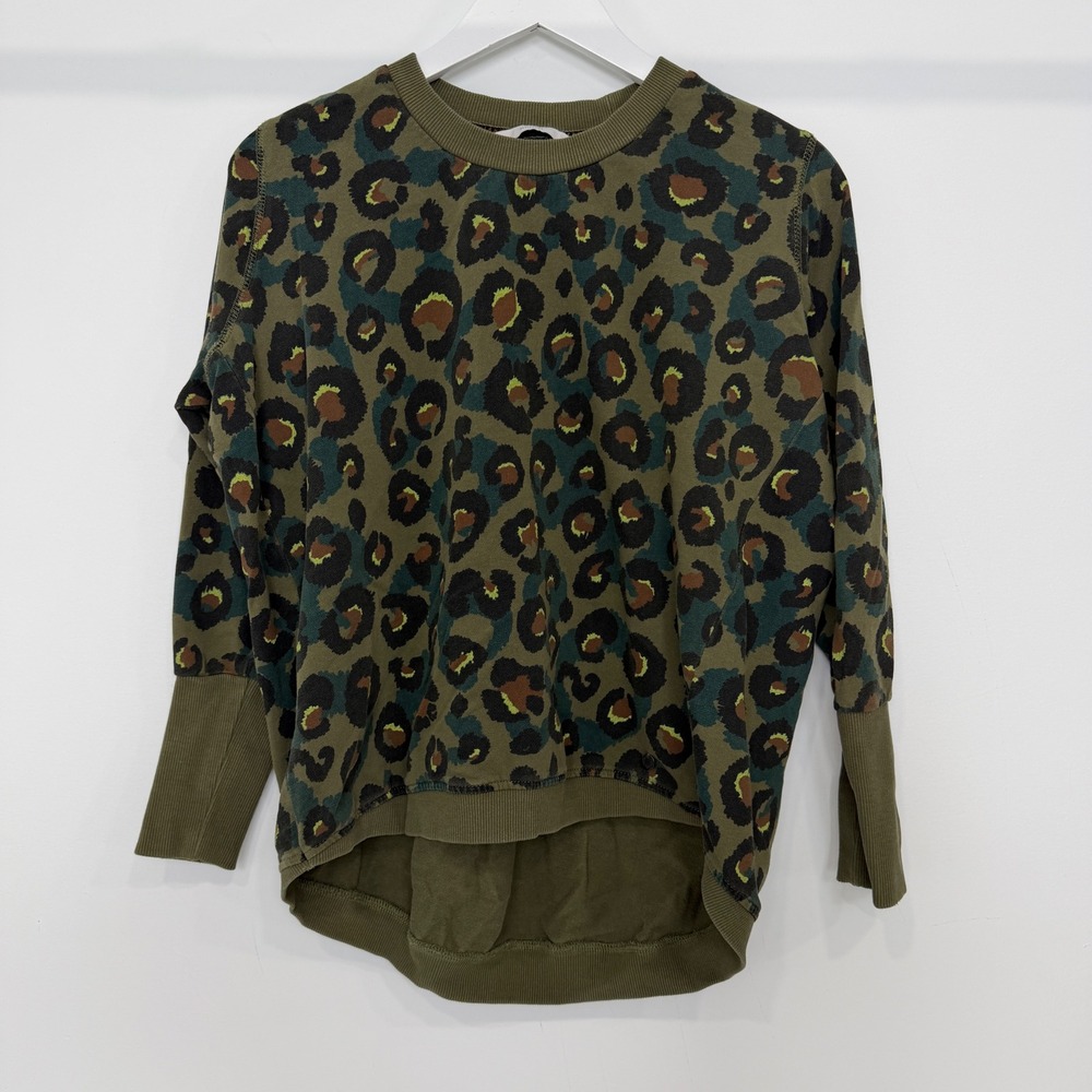Numph Anthropologie Leopard Sweatshirt Pullover Green Cotton High Low Hem Size M